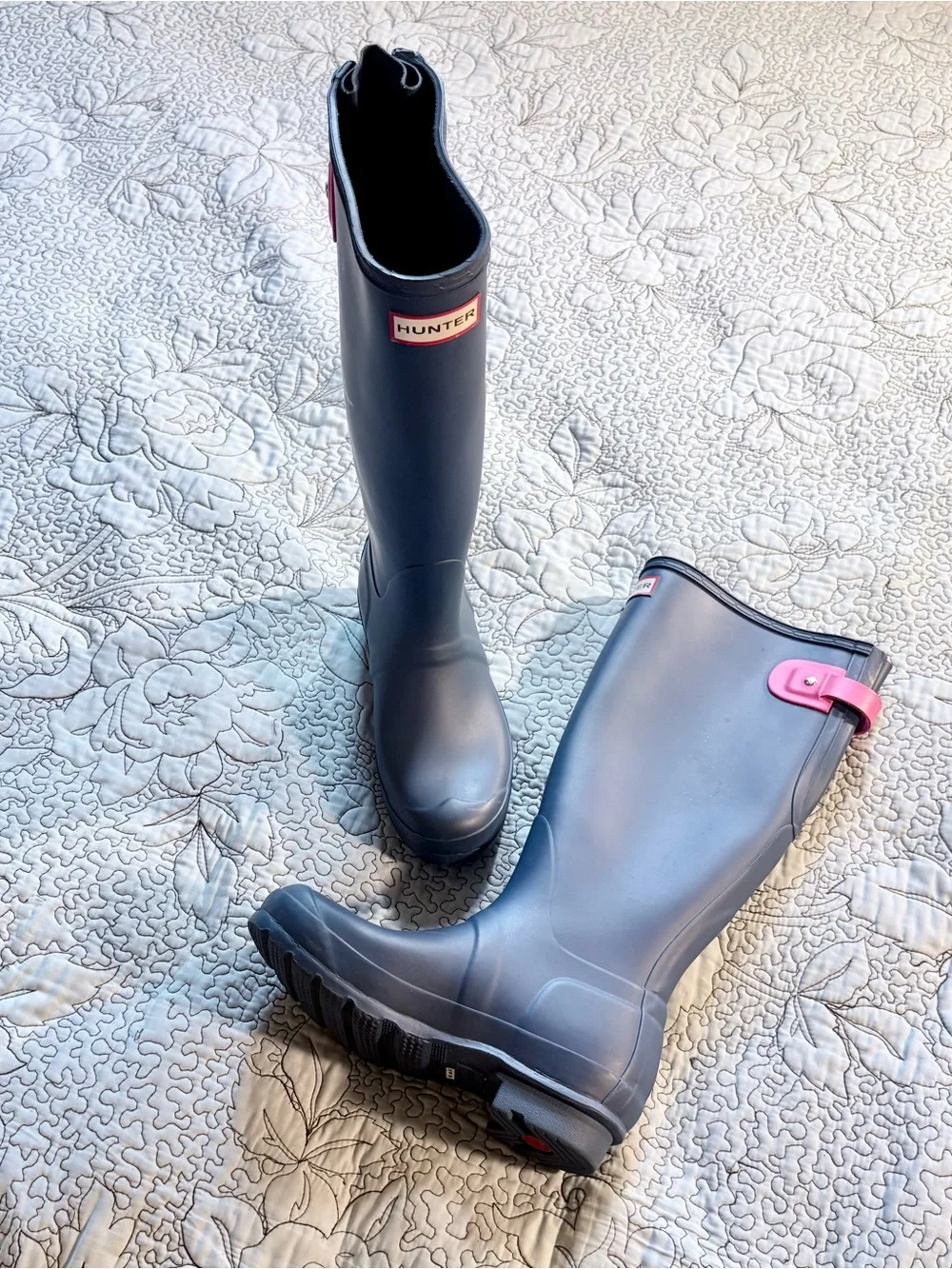 💥Hunter Original Tall Rain Boots Gray Pink Buckle Waterproof Wellies Sz 5❤️